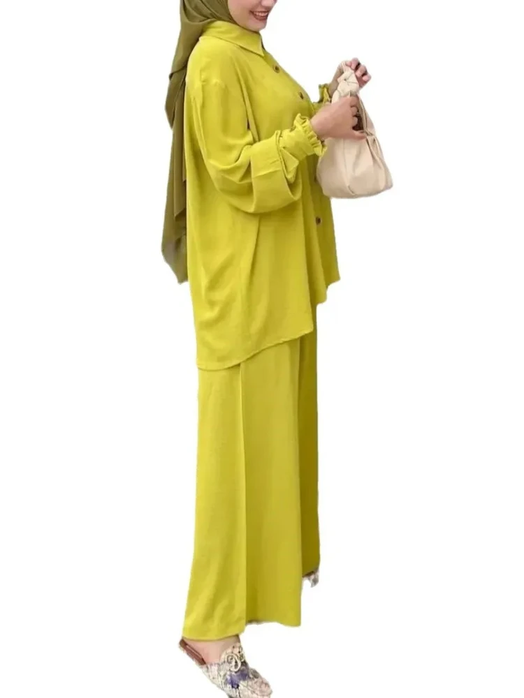 Women Eid Muslim Sets Two Pieces Solid Ensemble Kaftan Single Breasted Button Blouses Casual Wide Leg Pants Morocco Ramadan