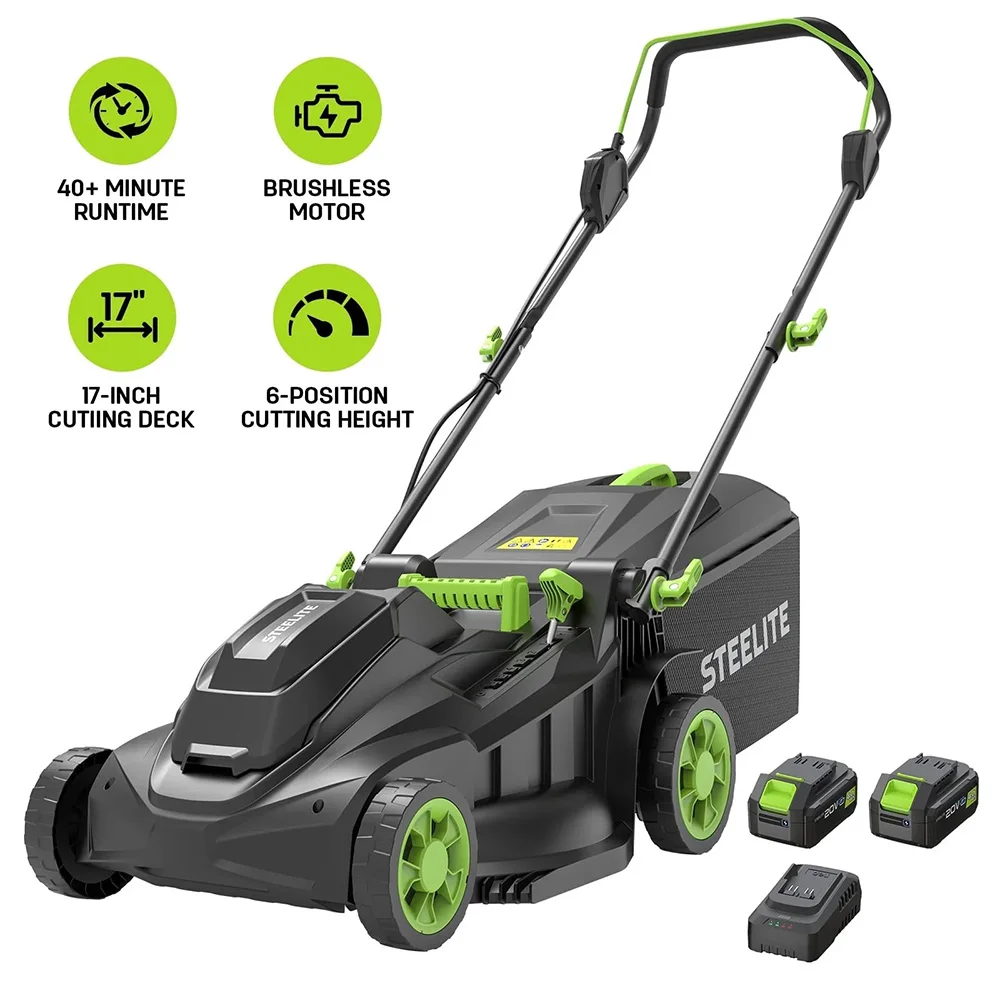 Deli 21V Cordless Lawn Mower 17 Inch Brushless Motor Electric Mower 2-in-1 with 2 Batteries Charger 6 Heights