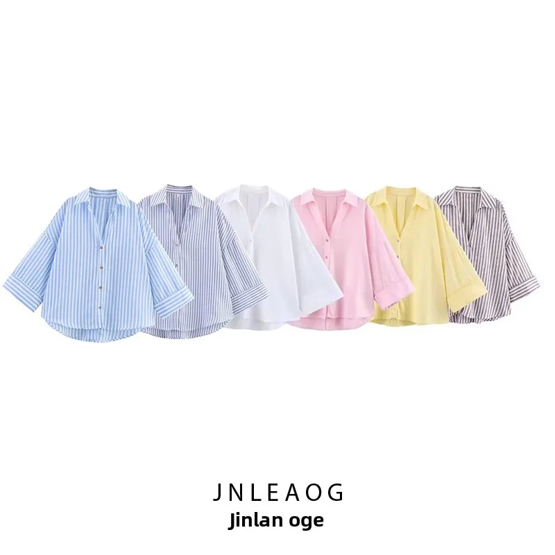 JNLEAOG Autumn New Women's Wide Sve Blouse Mixed Fiber Wind Sle Loose Fit  Collar Long Sve Thin Polyester irt