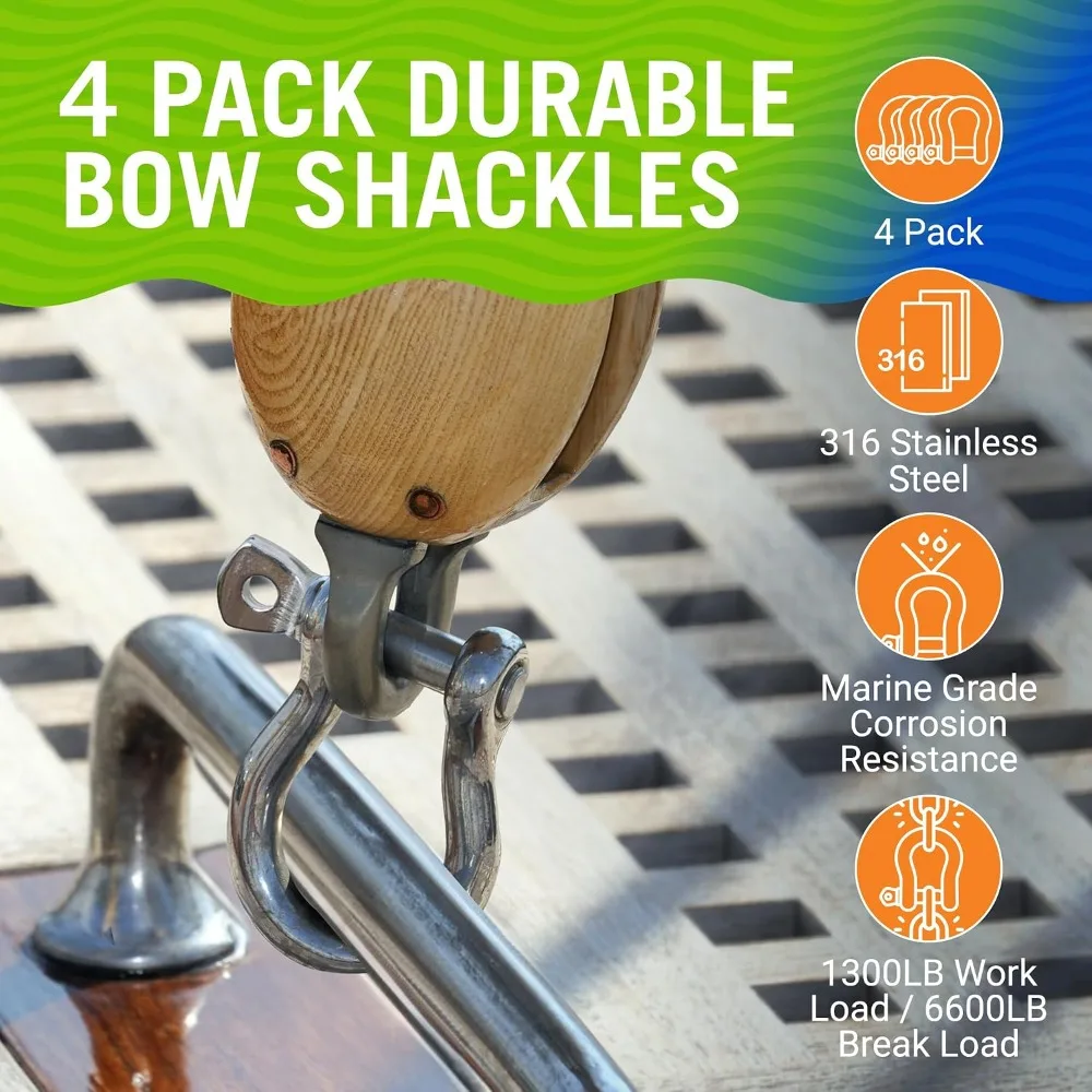 316 Stainless Steel D-Ring Shackles, 4-Pack, 1/2", 3/8", 5/16", 1/4", Marine Grade for Boat, Sailboat, Chain, Rigging view 2