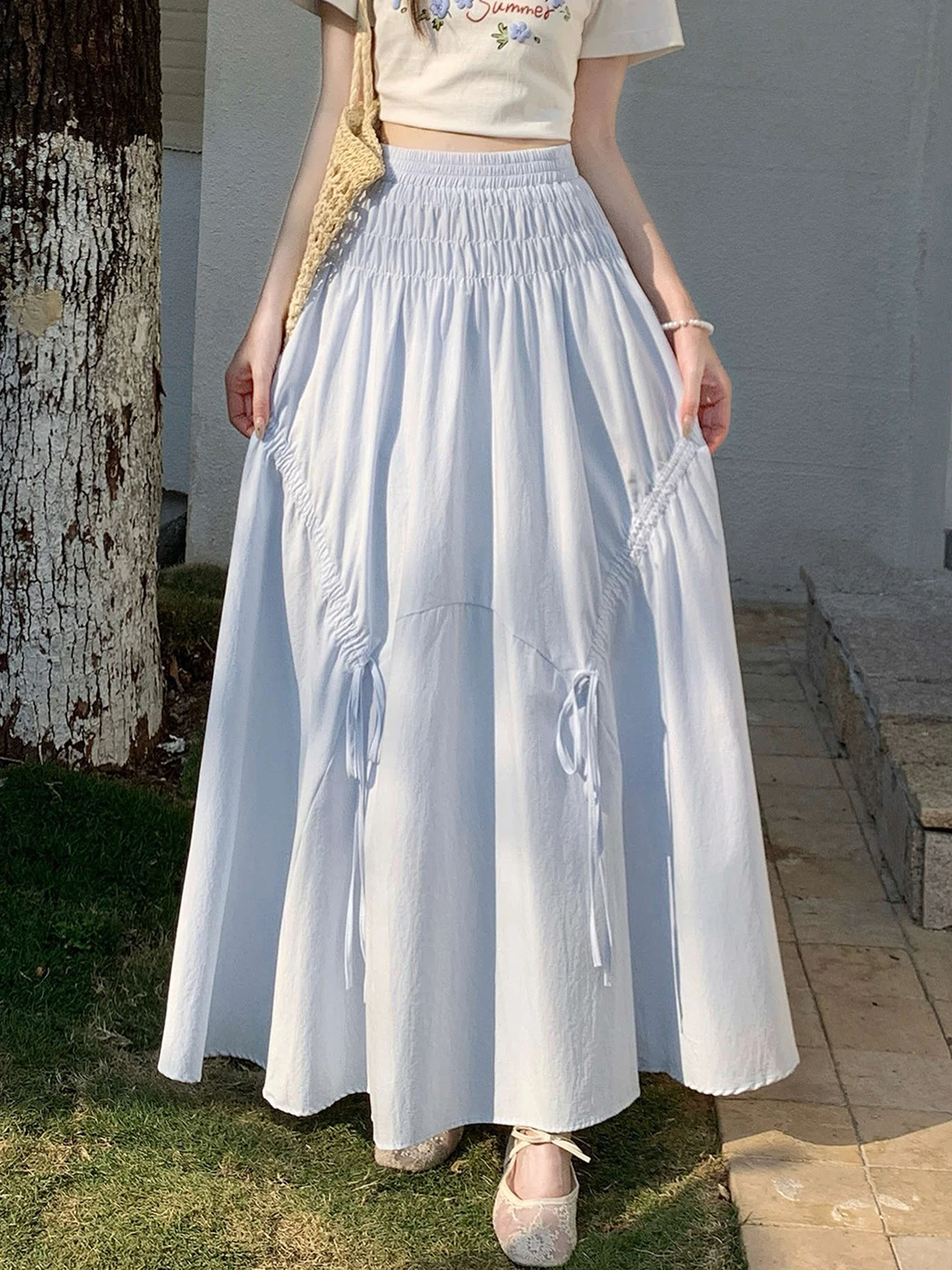 

Emily Clud Recommended Knot Pleated Silk Cotton f Skirt Spring Summer Elastic Waist A-Line Long Skirt Women's Fa...