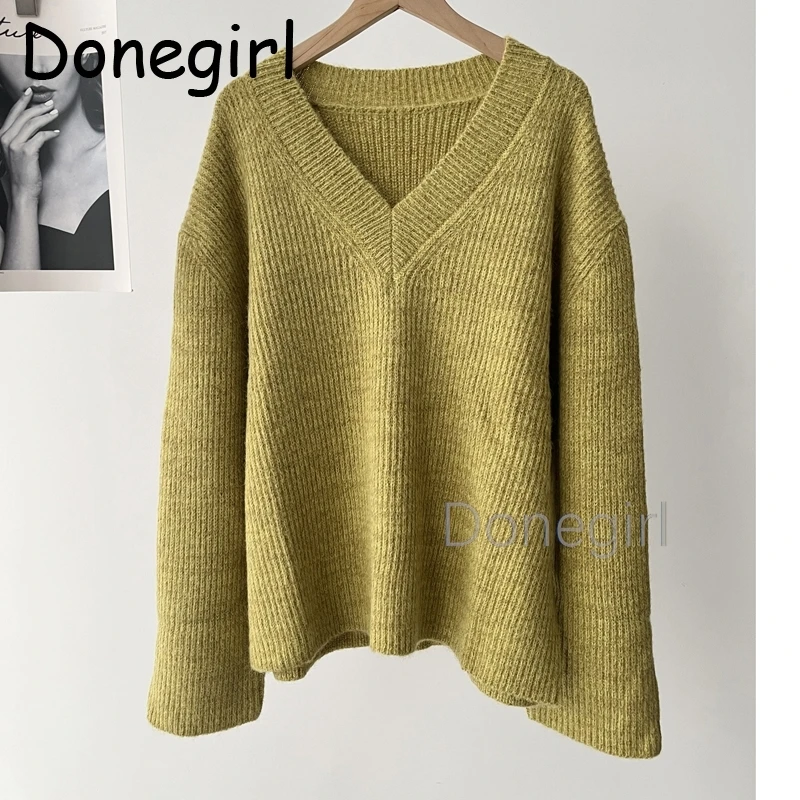 Donegirl New Fashion V-Neck Autumn Winter Sweater Pullovers Women 2024 Loose Thick Jumper Female Tops