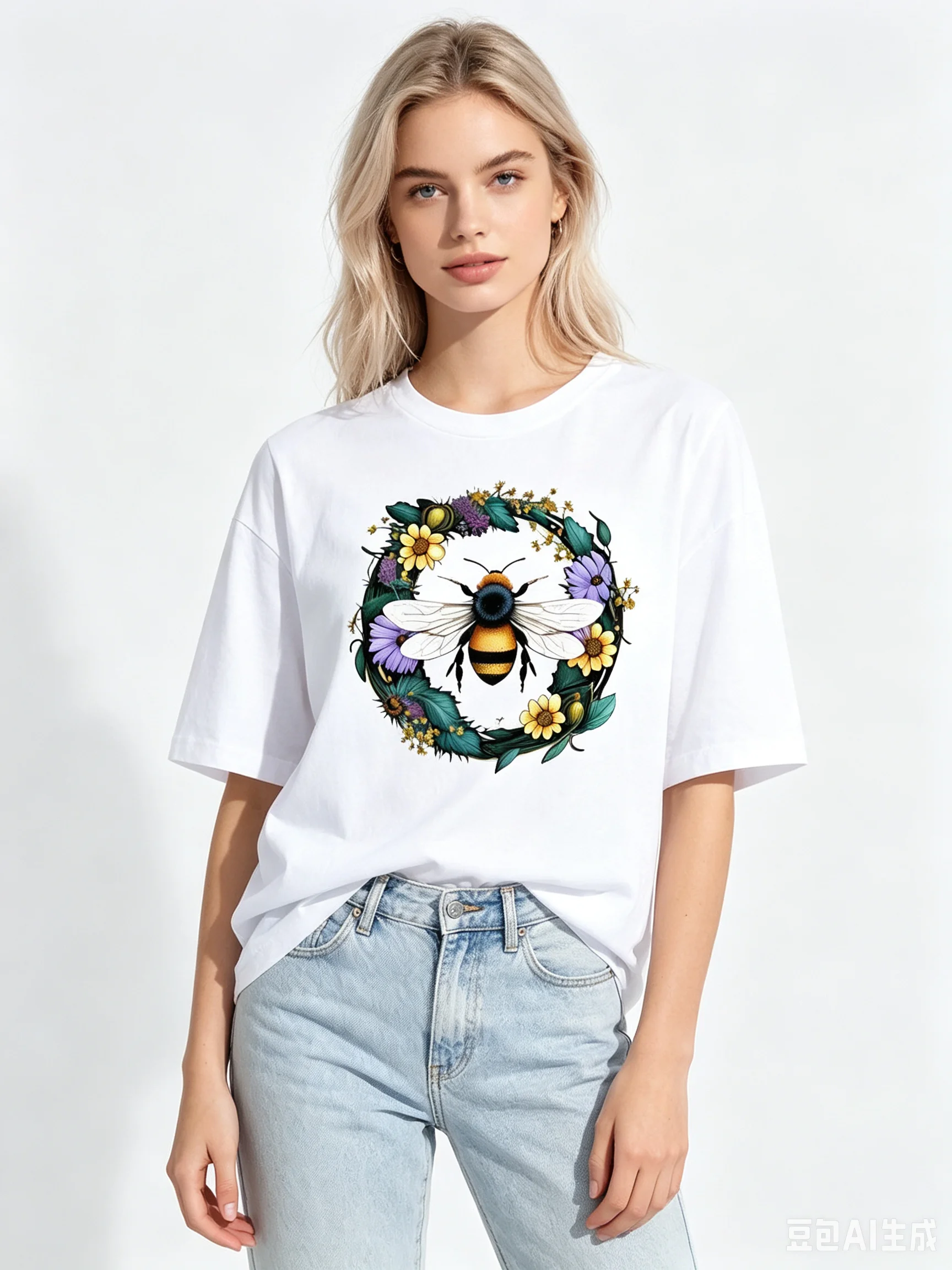 Wildflower Wreath Bumblebee Graphic Women White T-Shirt Botanical Bee Lover Casual Short Sleeve Tee