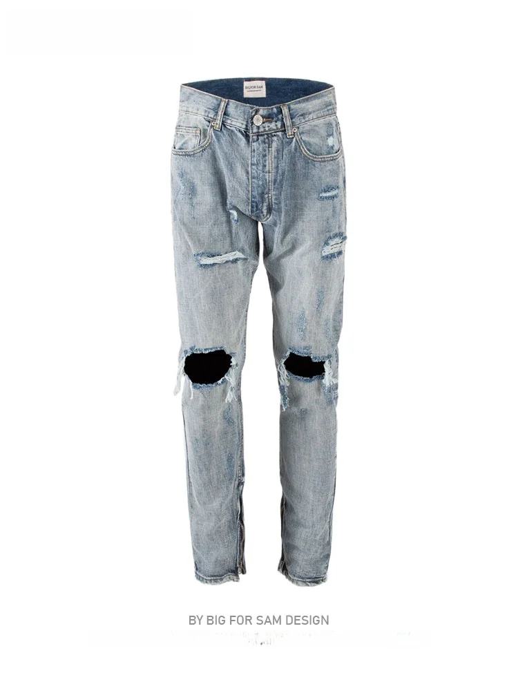 

Big for Sam Men's High Street Kanye Denim Jeans Large Destruction Hole Durable Cotton Straight Leg Trousers Trendy Jeans