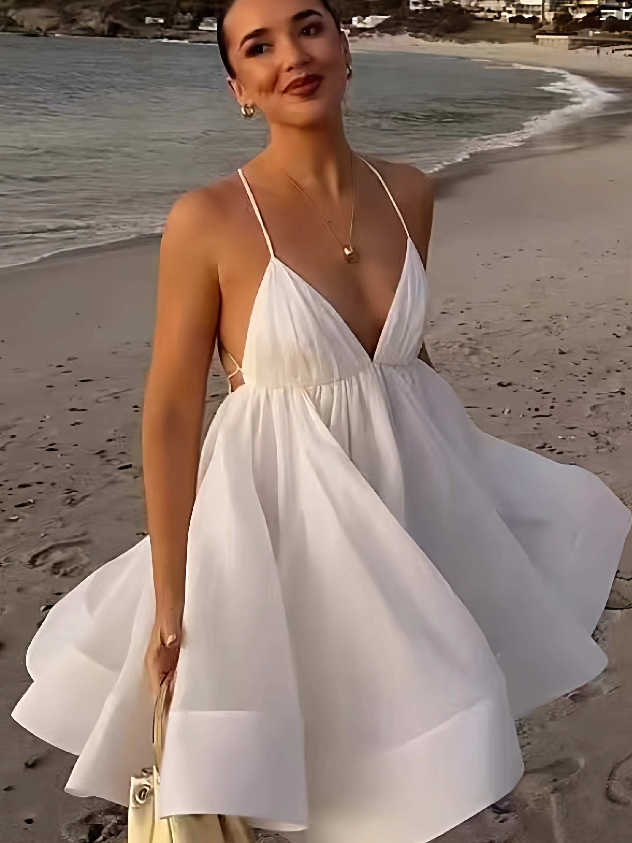 

Z Home Luxury 2025 New Holiday Bal Strap Deep V-ne A-line Pleated Puffy Dr Ele Casual Summer Cotton Dr