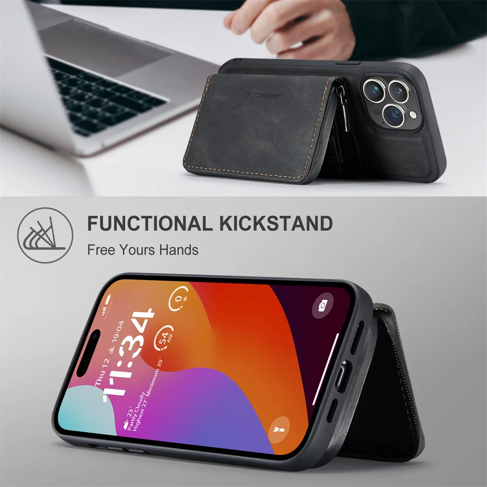 JEEHOOD Luxury Detachable Zipper Purse Magnetic Wallet Case for 15 Pro Max 6s 7G 8 XR XS Max 11 Pro 12 13 Mini 14 Plus Phone Bag