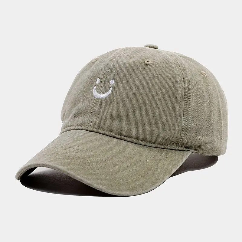 Men Women Cotton Washed Distressed Vintage Dad Hats Little Smiley Face Embroidery Outdoor Baseball Cap