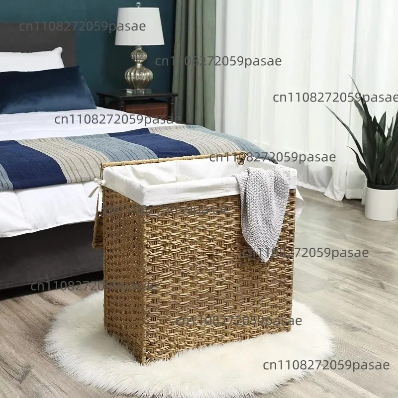 

Foldable plastic laundry basket for bedroom with rattan-lined removable cover and waterproof storage compartment