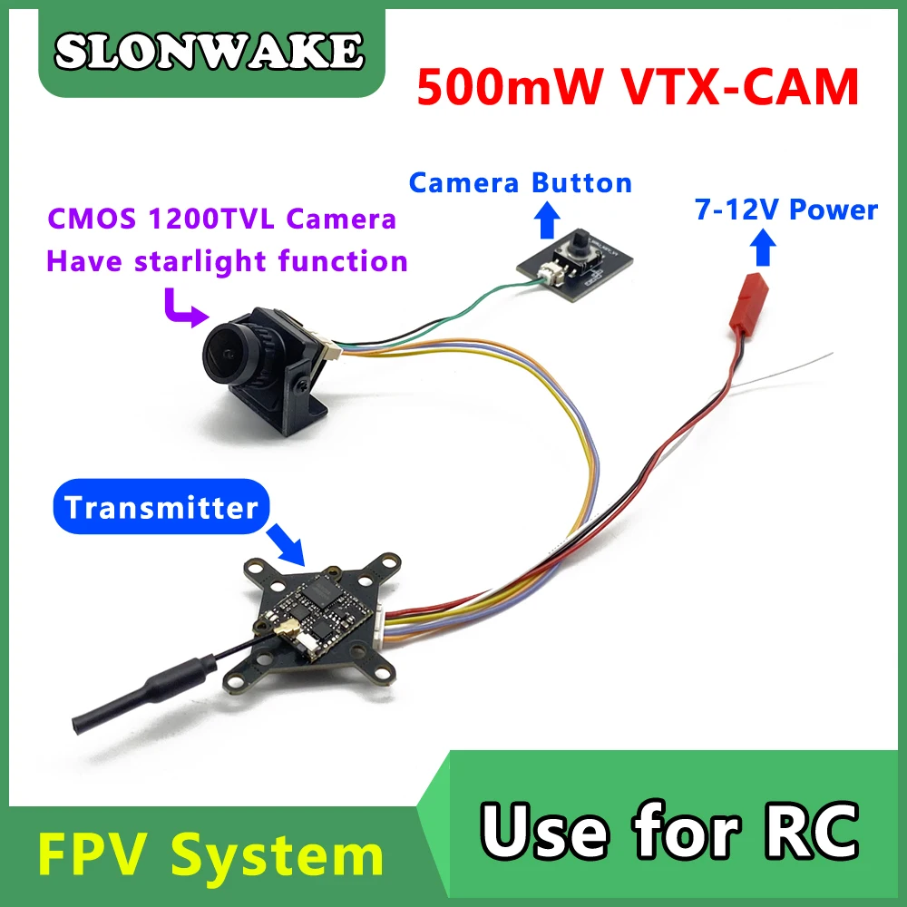 SLONWAKE 5.8G 48CH FPV VTX Transmitter PitMode/25/100/200/500mW Adjustable and CMOS 1200TVL fpv camera use for RC Playing Drone