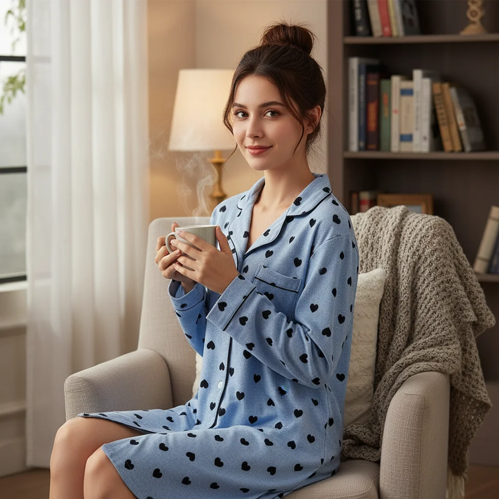 Nightgowns for Women 100% Cotton Soft Sleepshirts Blues Color Cartoon Fall Seasons nightgowns