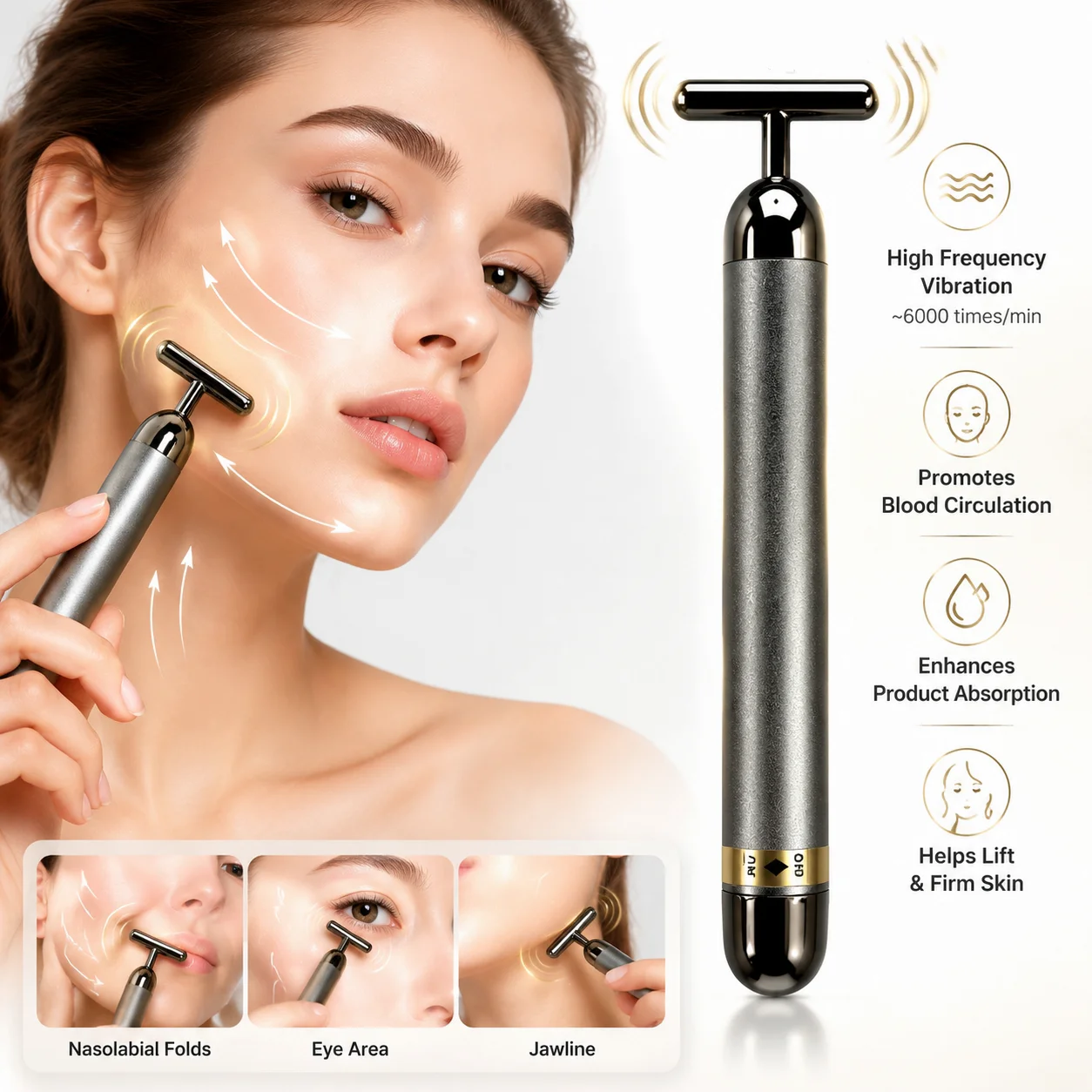 T Shape Beauty Bar Vibrating Facial Massager Electric Face Lifting Skin Tightening Anti Wrinkle Face Slimming Skin Massage