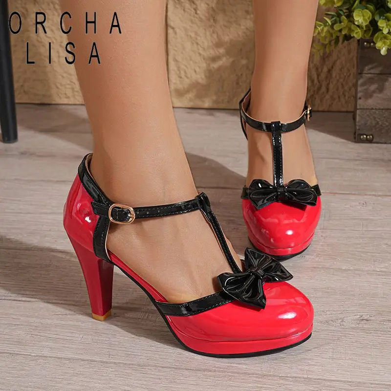 

ORCHA LISA Fashion Sweet Women Sandals Round Toe Buckle T Strap 10.5cm Block Heel Bowknot Large Size 41 42 43 Shoes Spring