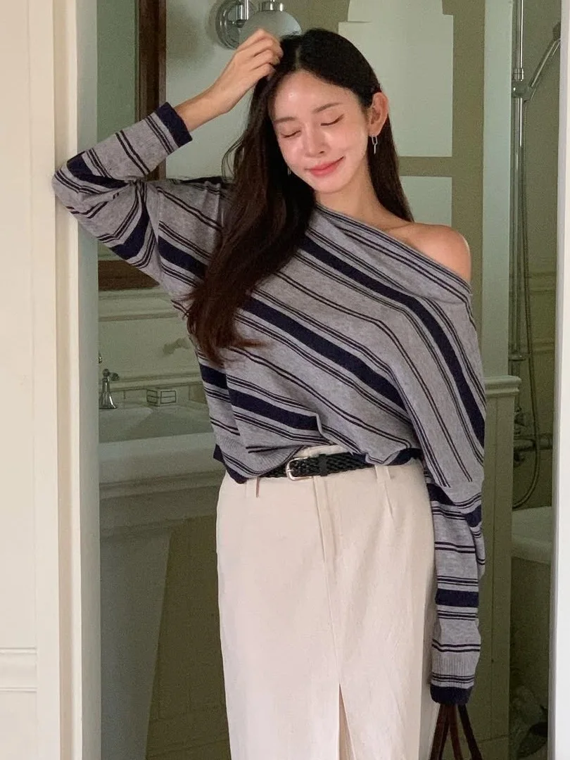 Prenda de Punto para Mujer, Estilo Vintage a Rayas, Diseño Hoado con Hombros Descubiertos, Moda Casual para Principios de O...