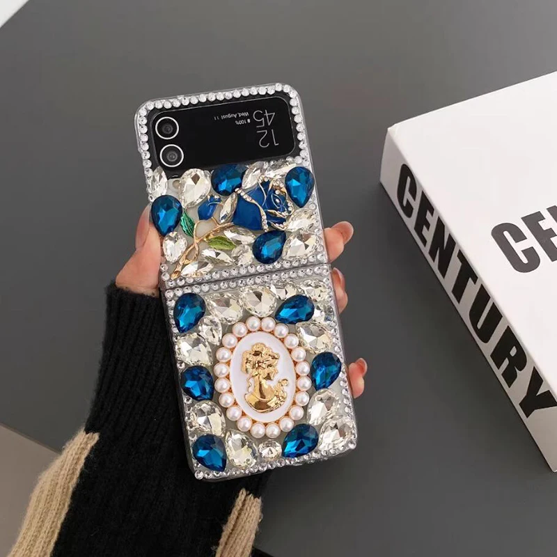 

Luxury Rhinestone Rose Flower Phone Case For Samsung Galaxy Z Flip 7 6 5 4 Pearl Goddess Portrait Water Drop Diamond Clear Cover