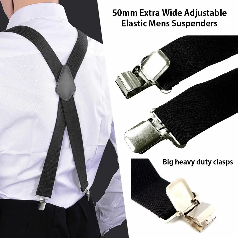 50mm Wide Men Suspenders Elastic Heavy Duty Brace Strap Belt With Clips Adjustable Shoulder Pads Pants Adjustable Braces X Back