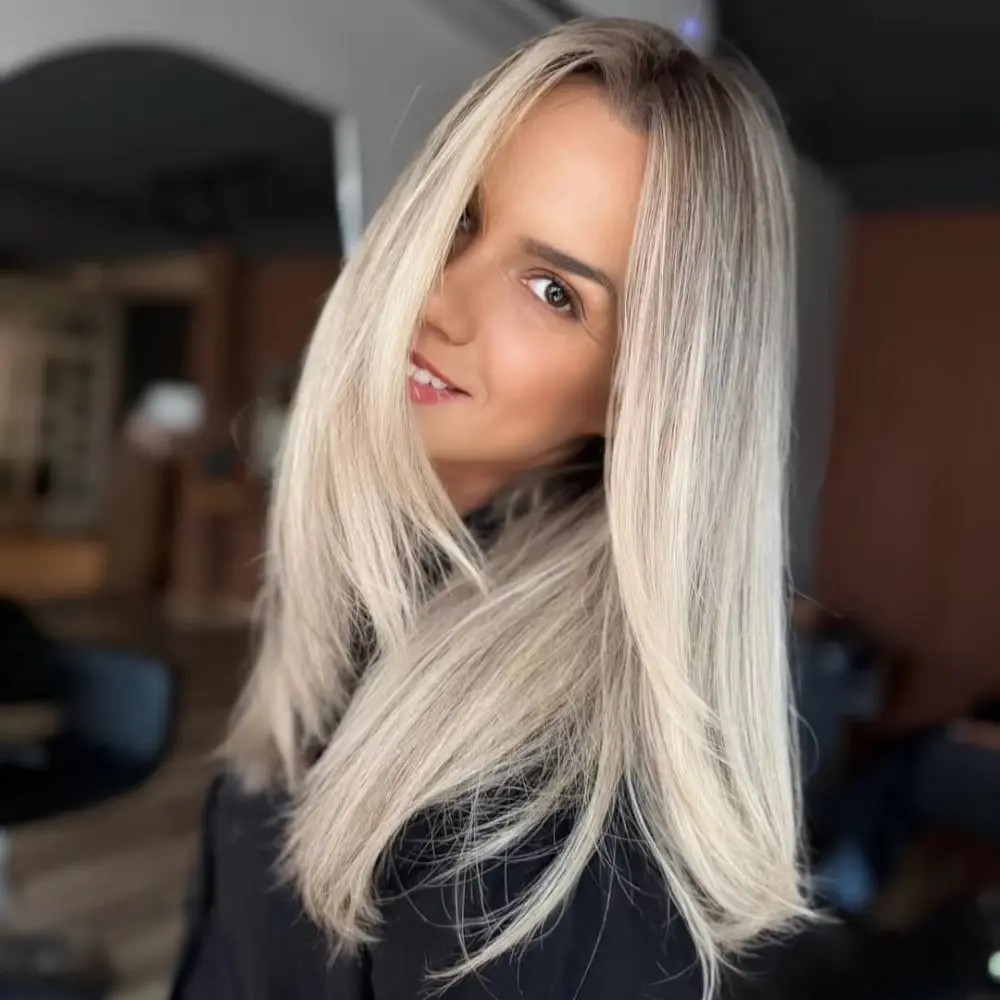 Realistic Look Natural Roots Glueless Wig Ombre Ash Platinum Blonde w Streaks Synthetic Lace Front Wig Straight Hair For Women