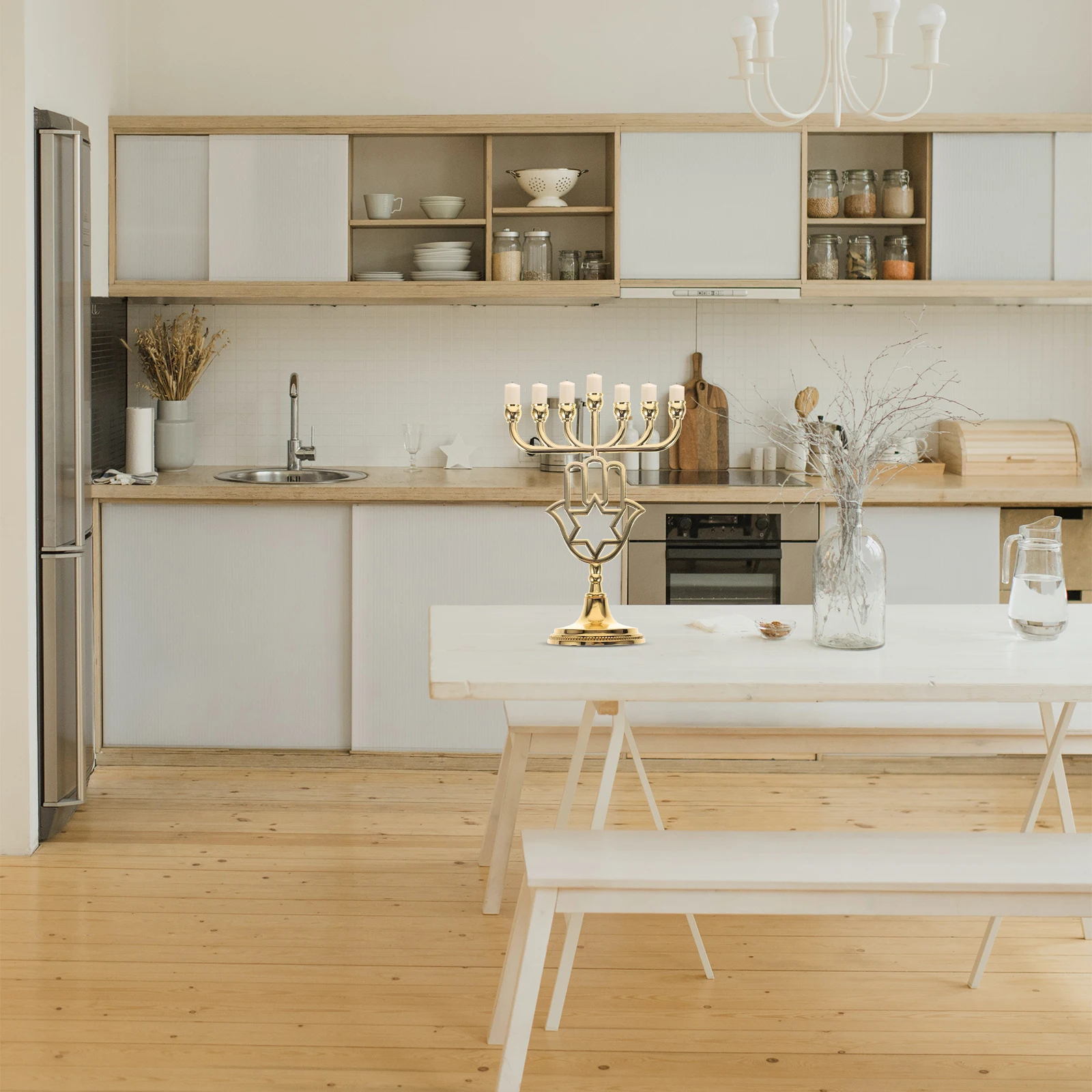 

7-Branch Golden Candlestick Vintage Metal Holder Tabletop Home Decor Hanukkah Party Religious Ceremony Ornament