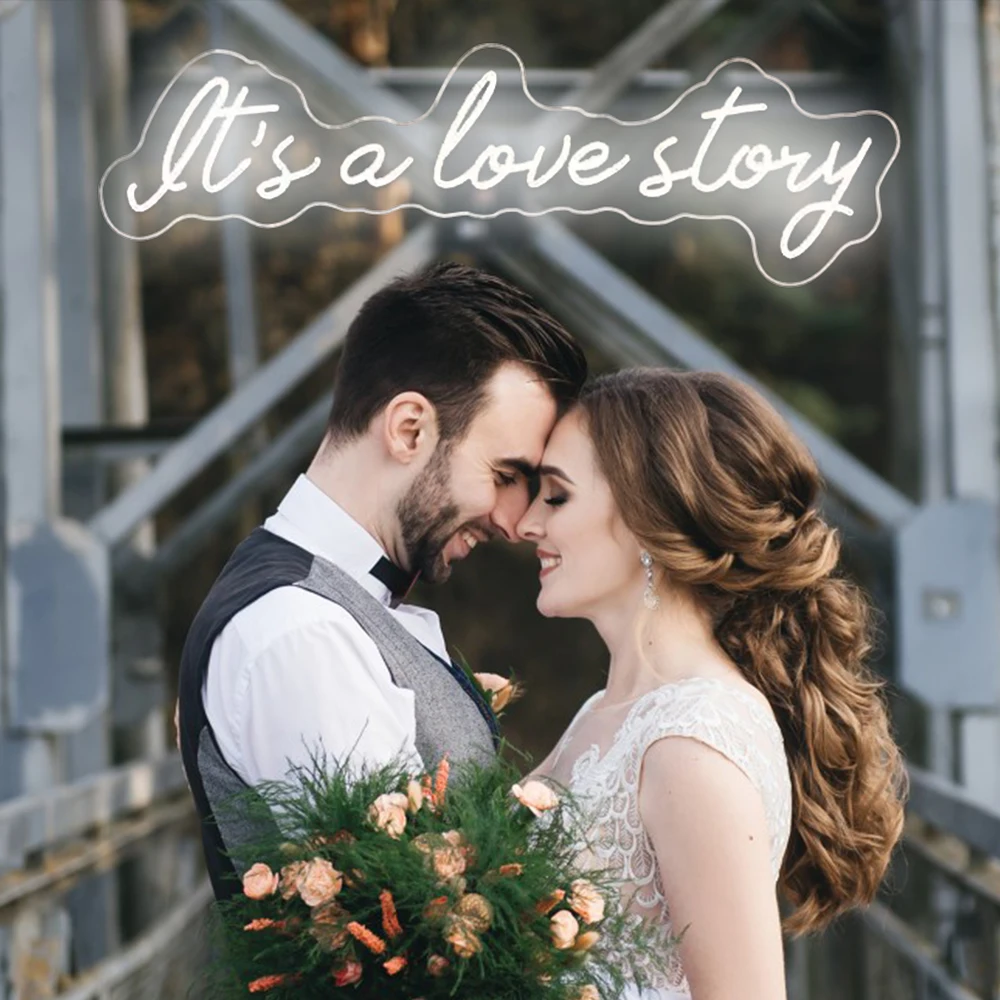 It\'s A Love Story Neon Sign Led Lights Romantic Letter Signs For Bedroom Wedding Engagement Home Party Dimmable Room Decoration