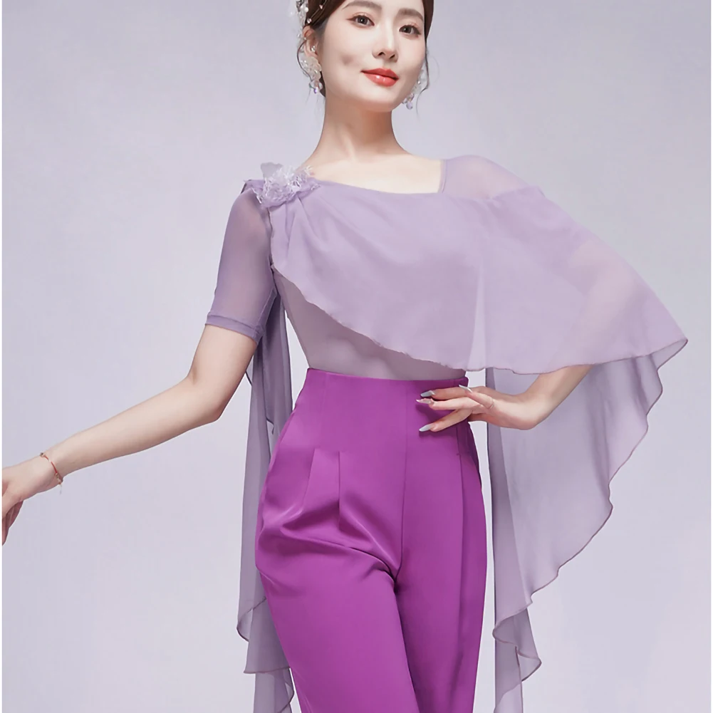 

Chiffon Ballroom Dance Shirt Modern Dance New Style Dance Top Performance Clothes Black Ballroom Dance Short Sleeve
