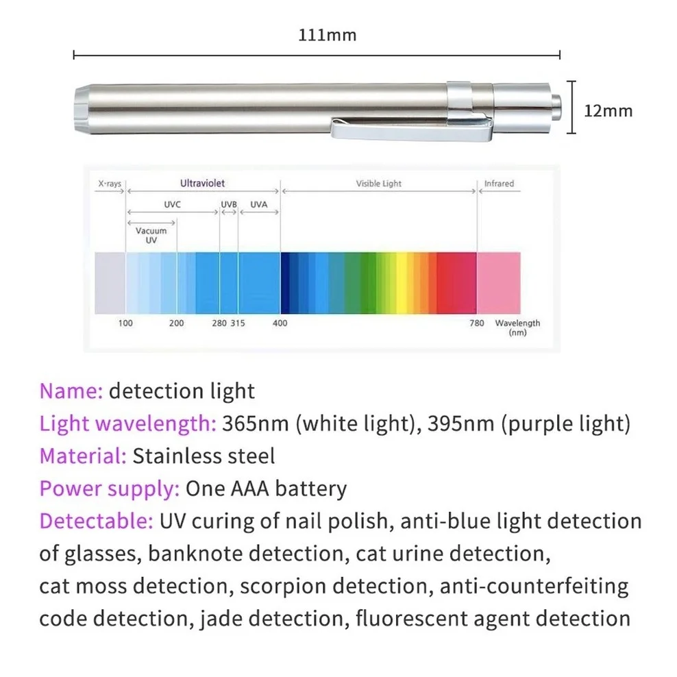 Stainless Steel Mini Lamp Led 365/395 UV Flashlight Torch Ultra Violet Light AAA Battery for Marker Checker Detection