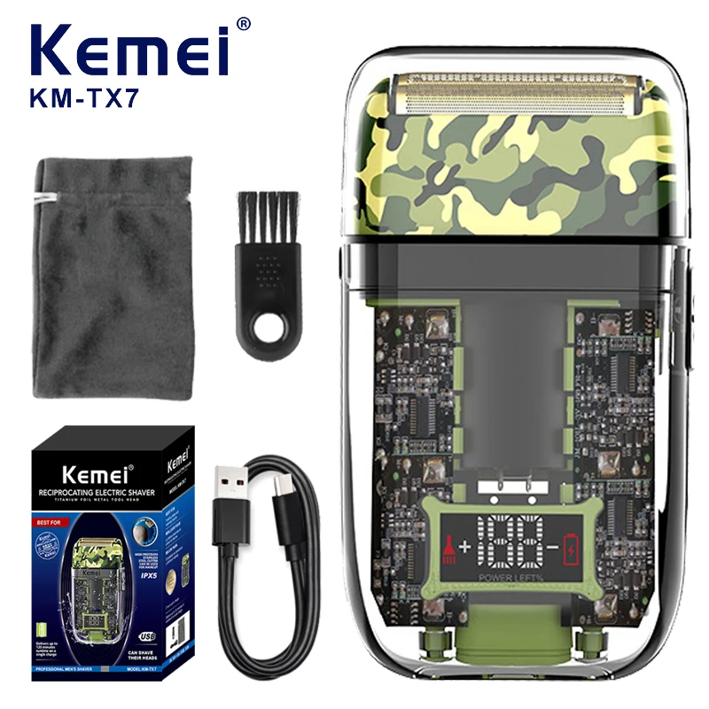 kemei km-TX7 Waterproof LCD Digital Display Razor USB Charging Camouflage Transparent Body Electric Shaver For Man