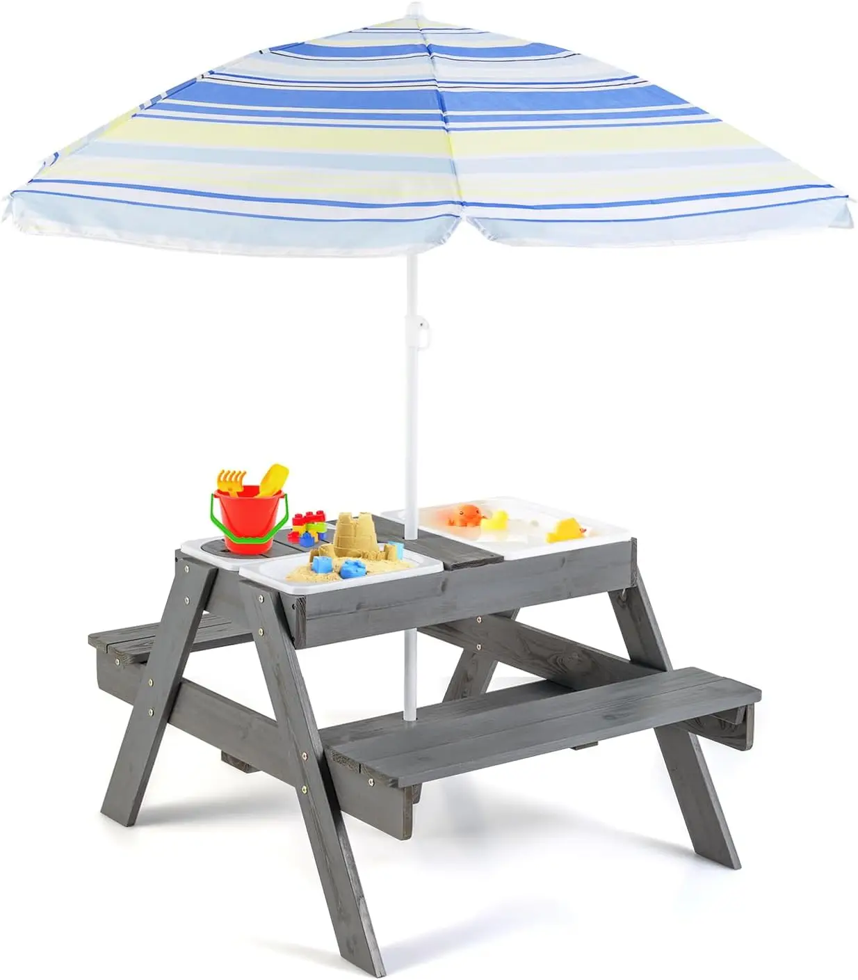 

Kids Picnic Table, 4 in 1 Sand and Water Table w/Detachable Tabletop, 3 Removable Play Boxes, Foldable & Height Adjustable Umbre