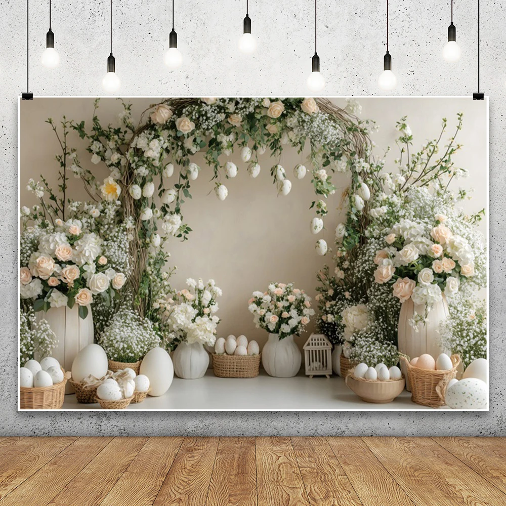 خلفية تصوير لعيد الفصح السعيد، بيض عيد الفصح، أوراق خضراء مقوسة، زهرة استحمام الطفل، صورة داخلية، خلفية استوديو الصور