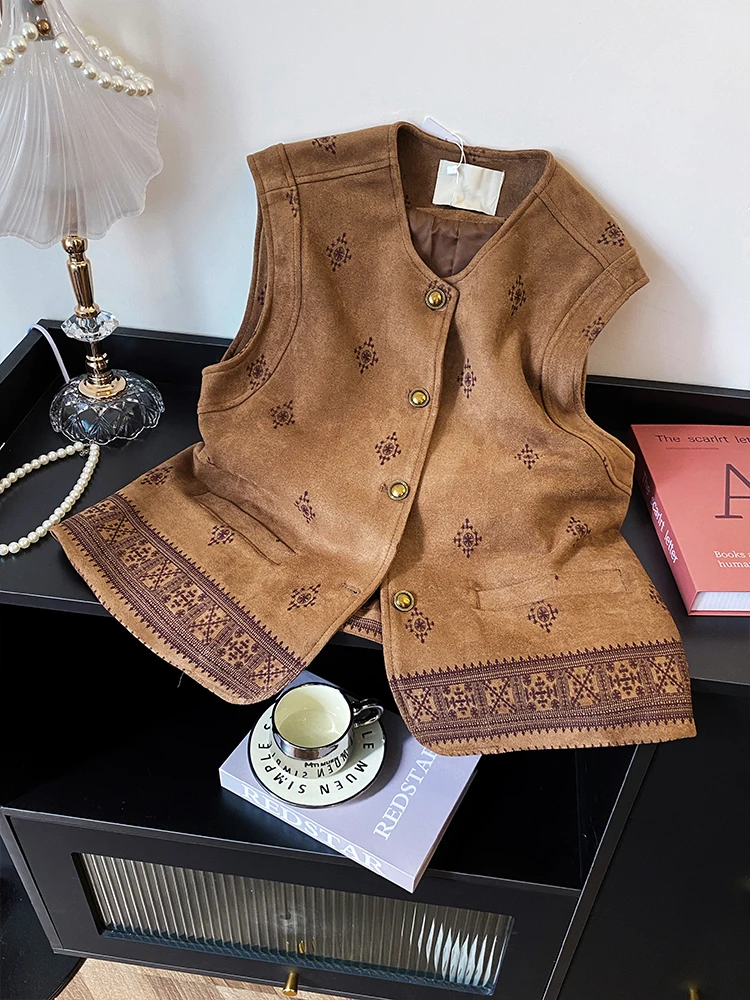 

Женский замшевый жилет в ретро-китайском стиле без рукавов с вышивкой, модный, с круглым вырезом, на одной пуговице, без этикетки, класса люкс