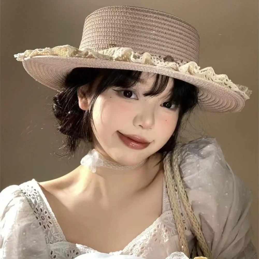 

Модная кружевная кепка в японском стиле с цветочным принтом и широкими полями, солнцезащитная шляпа с плоским верхом, милая женская шляпа от солнца в стиле Лолиты, пляжная шляпа