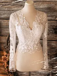 Luxury V Neck Wedding Jacket Capes Long Sleeve Soft Wraps Tulle Lace Appliques Bridal Accessories White Ivory Handmade Jackets