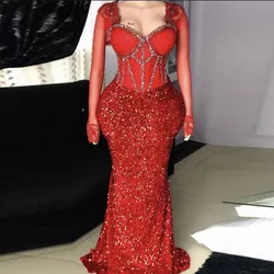 Sparkly Red Sequined Prom Dresses Sweetheart Sheer Long Sleeves Aso Ebi Mermaid Evening Gowns African Plus Size Party Dress