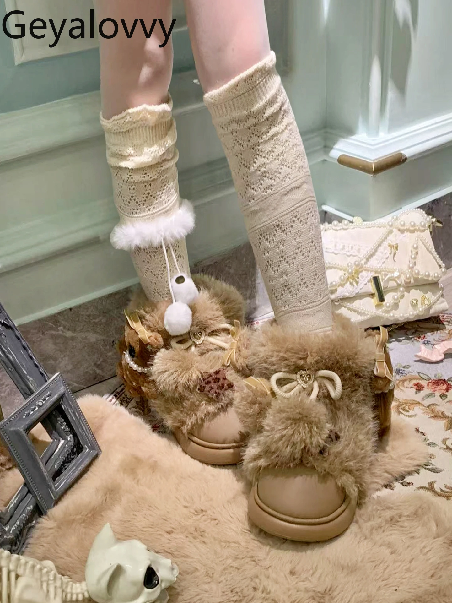 

Original Light Brown Bear Imitation Lamb Wool Round Toe Warm Boots Femme Sweet Style Retro Thickened Women's Shoes Winter