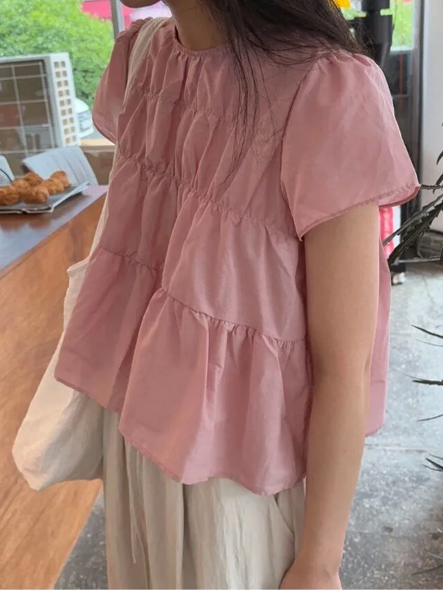 Two-Tone round Neck Short Sleeve Silk Feeling Pleated Shirt Korean Style Women's Inner Wear Casual Fashion Spring Autumn