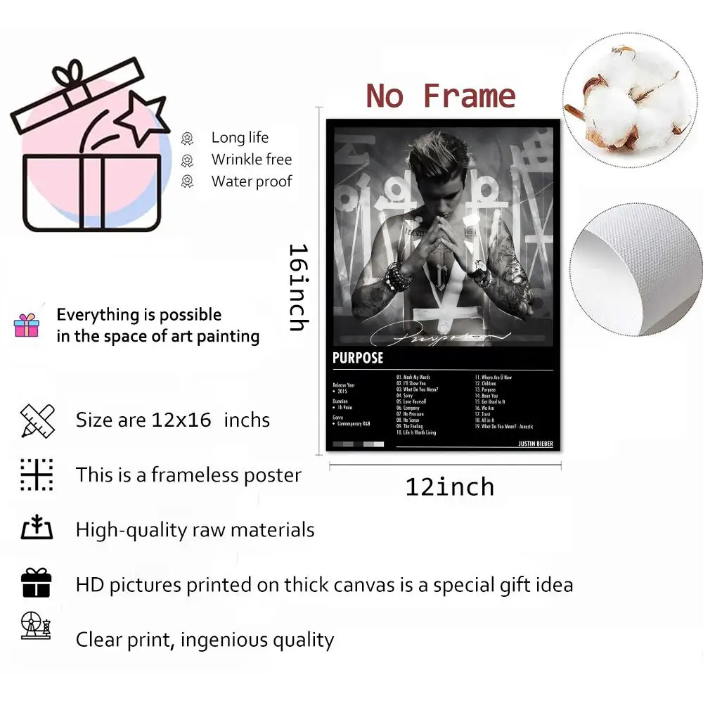 المغني جاستن بيبر اللوحة الخط قماش HD ملصق جدار الفن الداخلي المدخل ديكور المنزل هدايا العيد #5