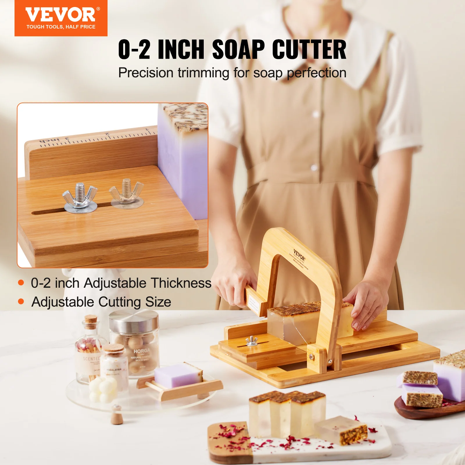 VEVOR Soap Cutter 0-2 inch Adjustable Thickness Bamboo Soap Slicer With Adjustable Stainless Steel Wire Handmade Soap Cutter