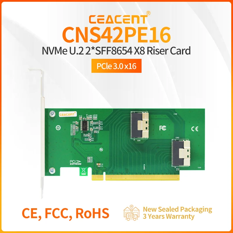 

CEACENT CNS42PE16 2 Port SlimSAS x8 SFF8654 Adapter PCIe 3.0 x16, PCIe 4.0 Compatible For ALEO, Multi-GPU Solutions, PCIe Extend