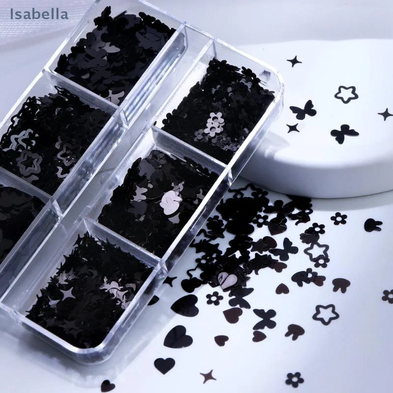 ☆ أسود على شكل قلب فراشة نجمة مسمار الفن بريق الترتر DIY مانيكير الزينة #5