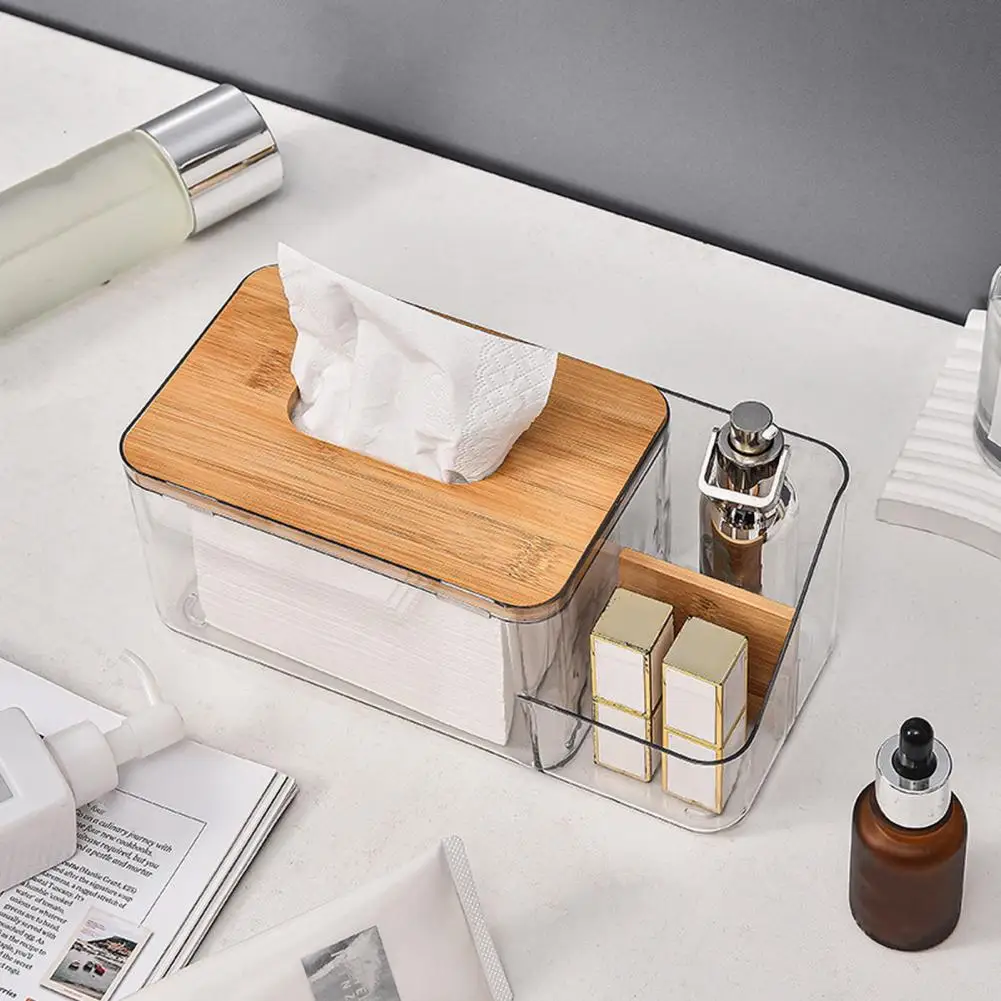 

Tissue Box Napkin Holder Transparent Tissue Container with Wooden Cover Remote Control Storage Holder for Living Room