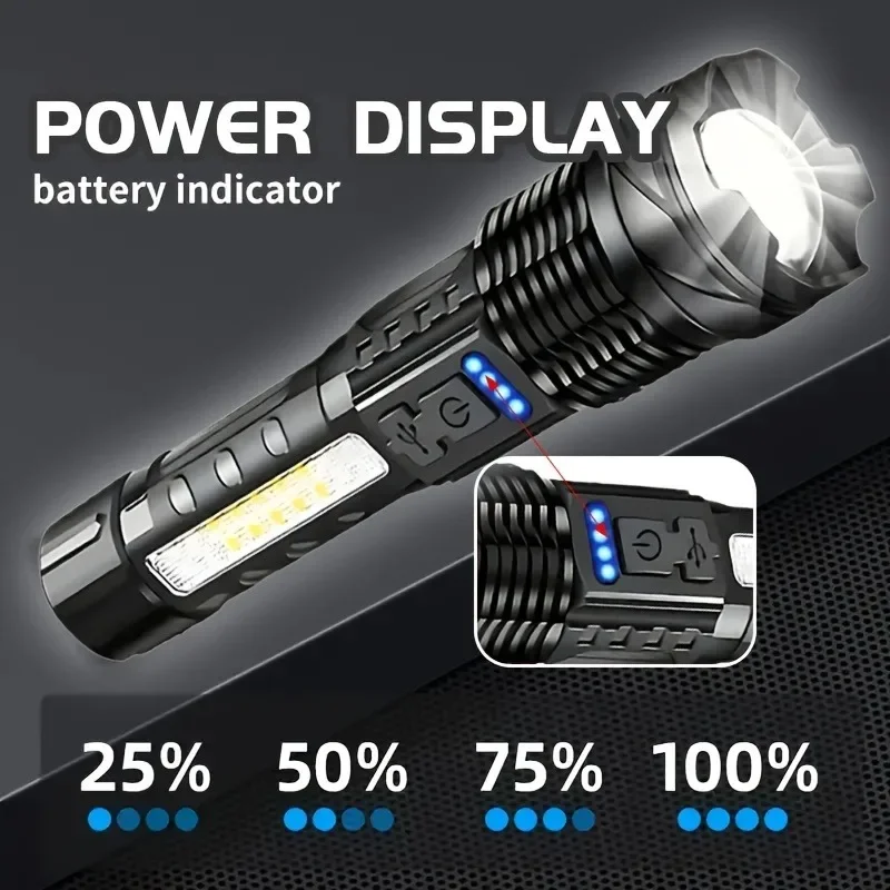 WZS Strong Light LED Flashlight with Zoom and Digital Display Type-C Rechargeable 18650 Battery Flashlight for Camping Emergency