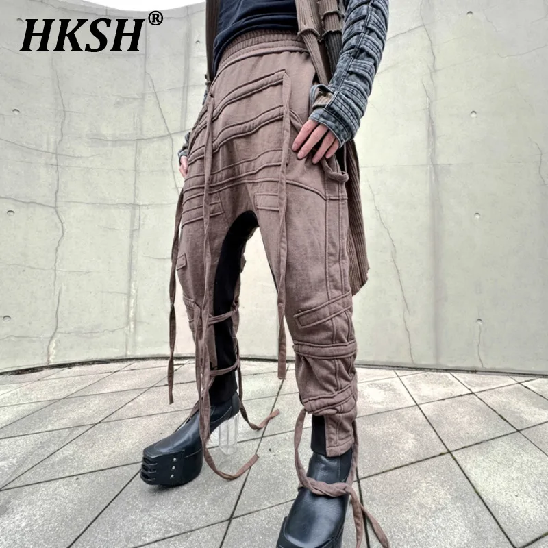 HKSH Spring Autumn New Niche Design Pioneer Waste Land Straps Cotton Crotch Pants For Men Tide Chic Vintage Dark Trousers HK0115