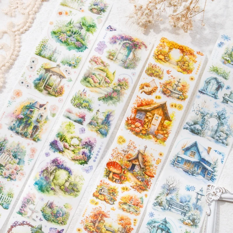 4-roll set of 6cm×200cm four-season landscape themed washi tape, featuring spring, autumn, summer, and winter scenery designs for decoration in diaries and crafts. Suitable for various applications such as phone case and water bottle stickers, photo album and diary decoration, sticky notes, junk journal art and craft decoration stickers, scrapbooking supplies, and Christmas gifts