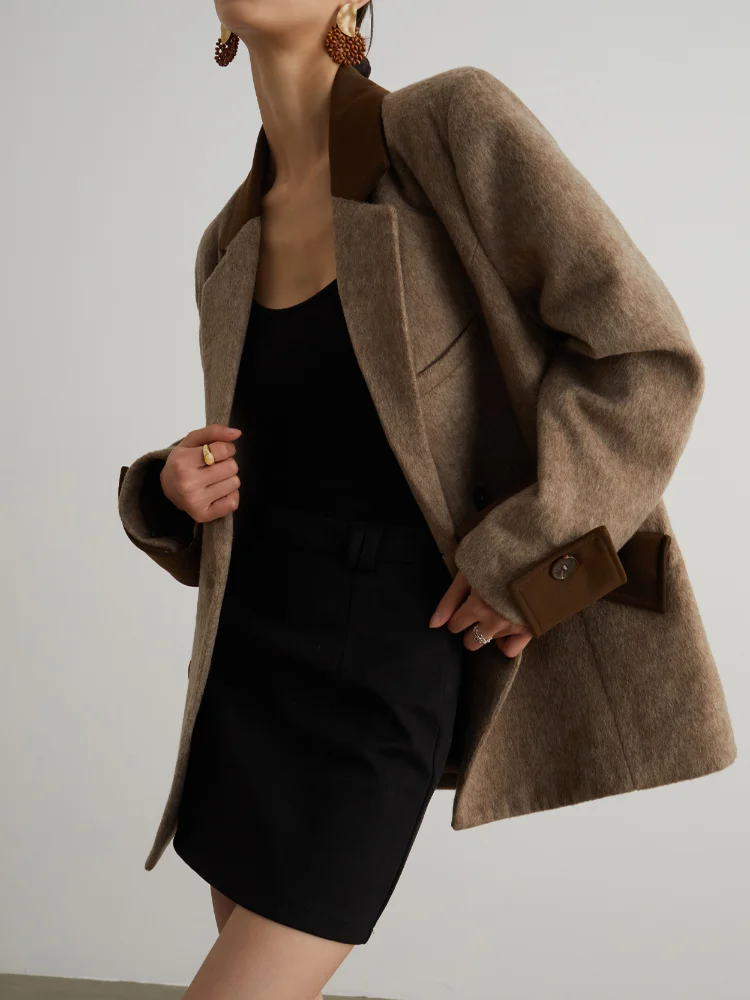 

Elegant Panelled Patchwork Slim Women's Overcoats Lapel Long Sleeve Double Breasted Pockets Coats New Chic Office Lady Outerwear