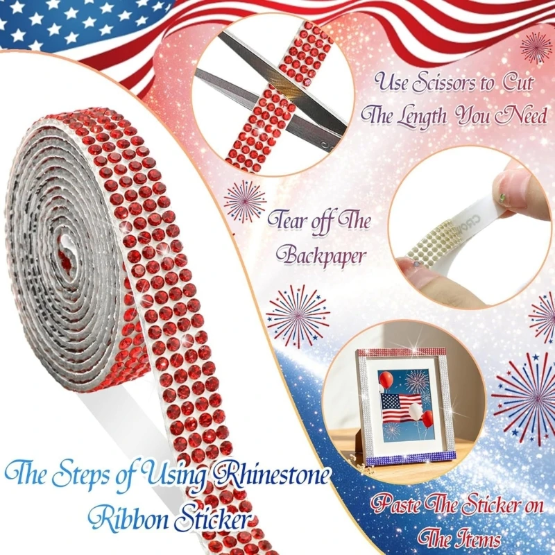 Rhinestones Ribbon Rolls with Star Sticker Sheets for Red White Blue Craft Work
