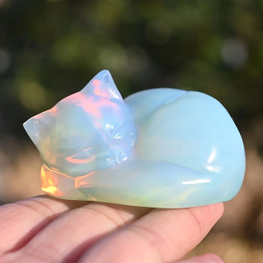 1pc Opal Opalite Cat Statue Hand, crystal sleeping cat statue, Crystal Cat Figurines Gemstone Sleeping Cat Ornaments