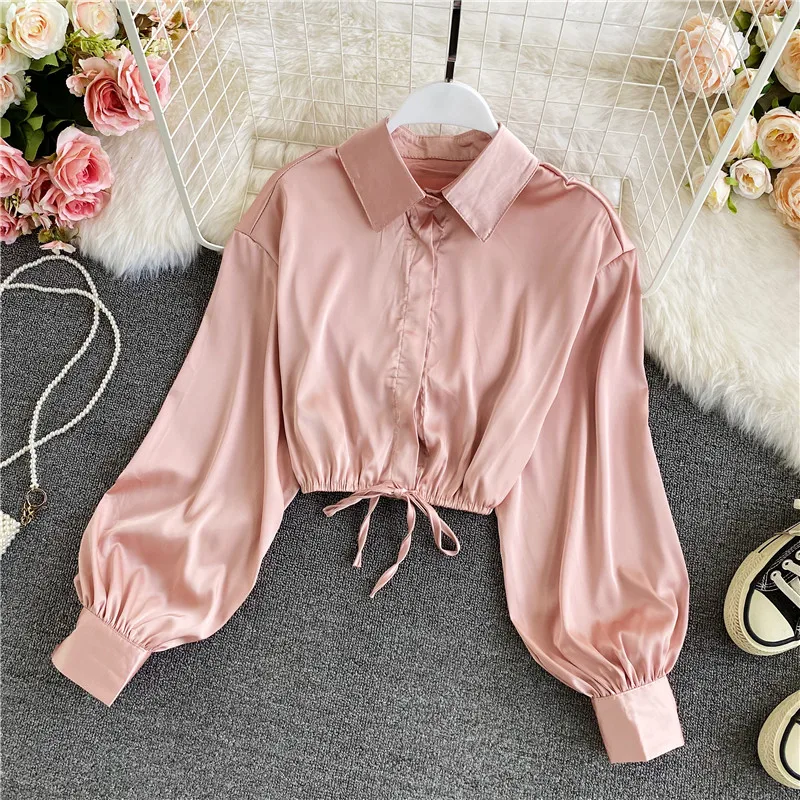 Women's Satin irt ort Slim Fit Long Sve Pure Color Commute Sle  Collar Button Detail Summer New Arrival