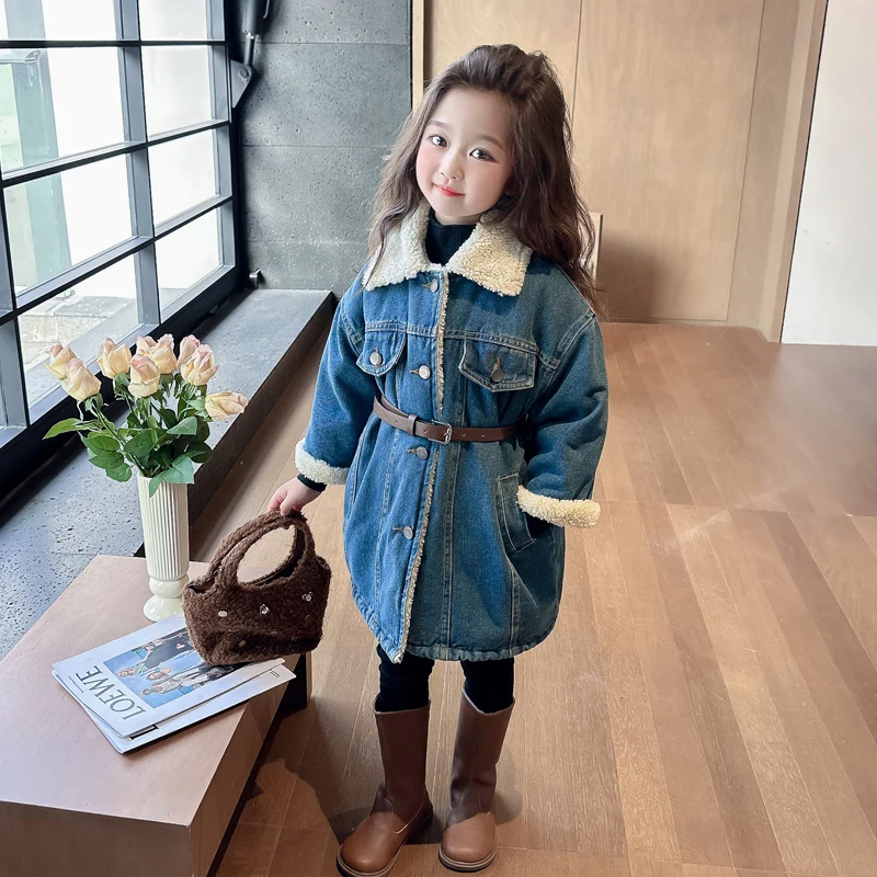 

2025 Winter Girls Denim Clothes Fashion Warm Fur Plush Lining Jacket Kids Slim Waist Leather Belt Children Outerwear