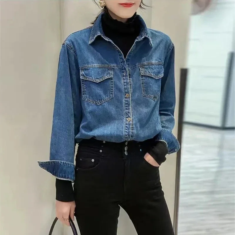 Retro Long-Sleeve Shirt Jacket Women Short Denim Jacket Female Coat Spring Autumn Denim Shirt Women Loose Bottoming