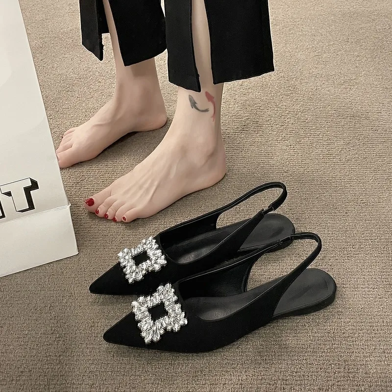 French Flat Black Baotou Sandals Fairy Shoes  Spring and Summer Pointy Diamond Temperament Single Shoes Zapatos De Mujer