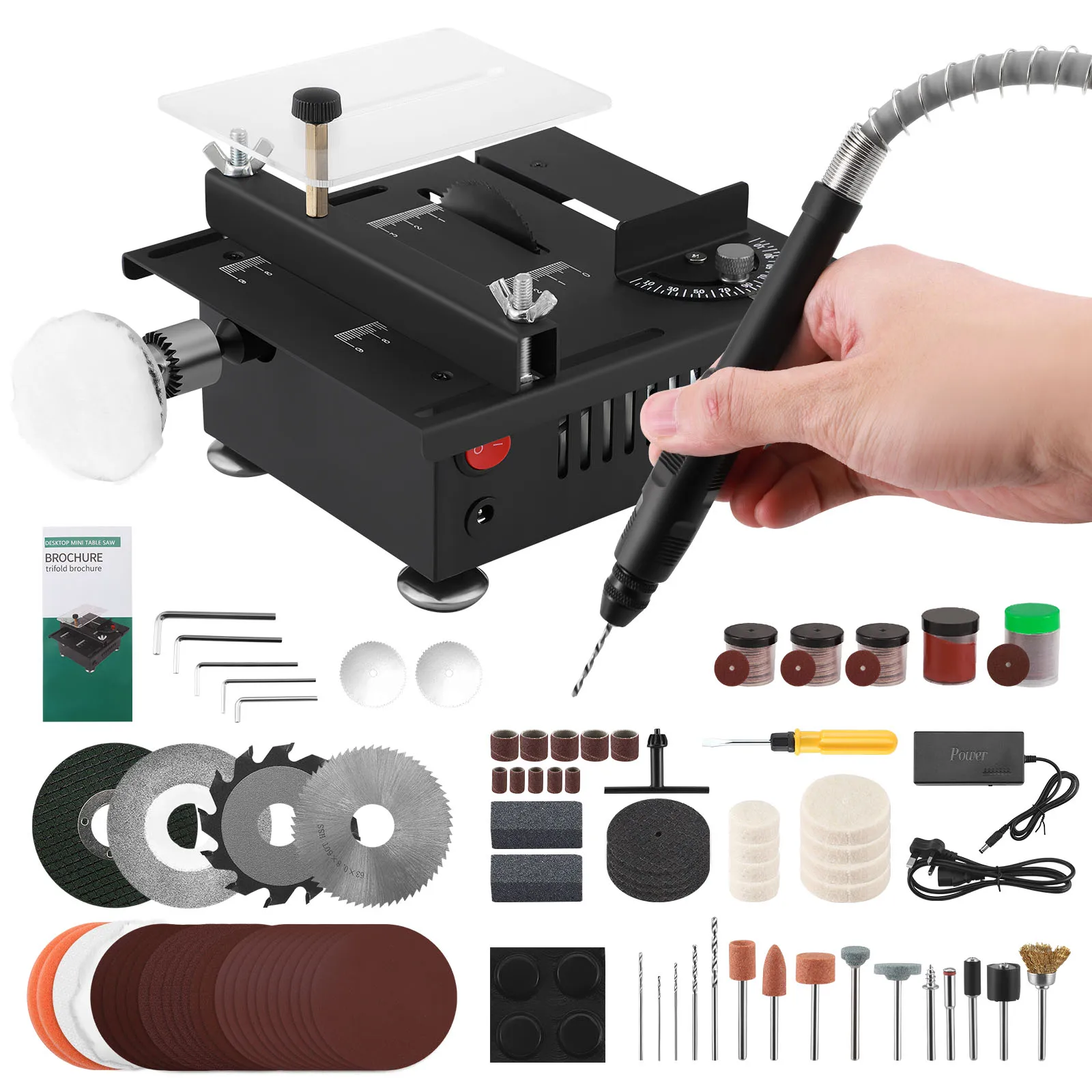 

100W Mini Table Saw Mini Desktop Electric Saw Cutter Speed & Angle Adjustable 16MM Cutting Depth with Blade Flexible Shaft Wood