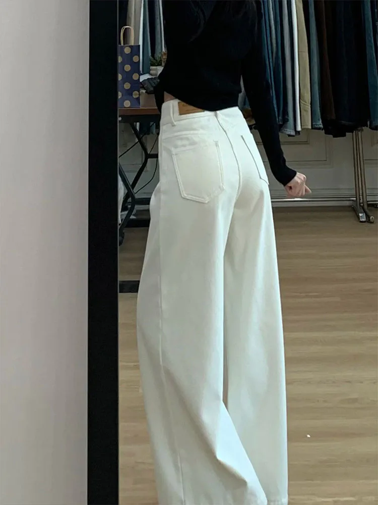 하이웨이스트 안감 있는 와이드 레그 진 여성용 루즈핏 편안한 슬림핏 레이지 센세이션 플로어 기장 팬츠 캐주얼 코튼 블렌드
